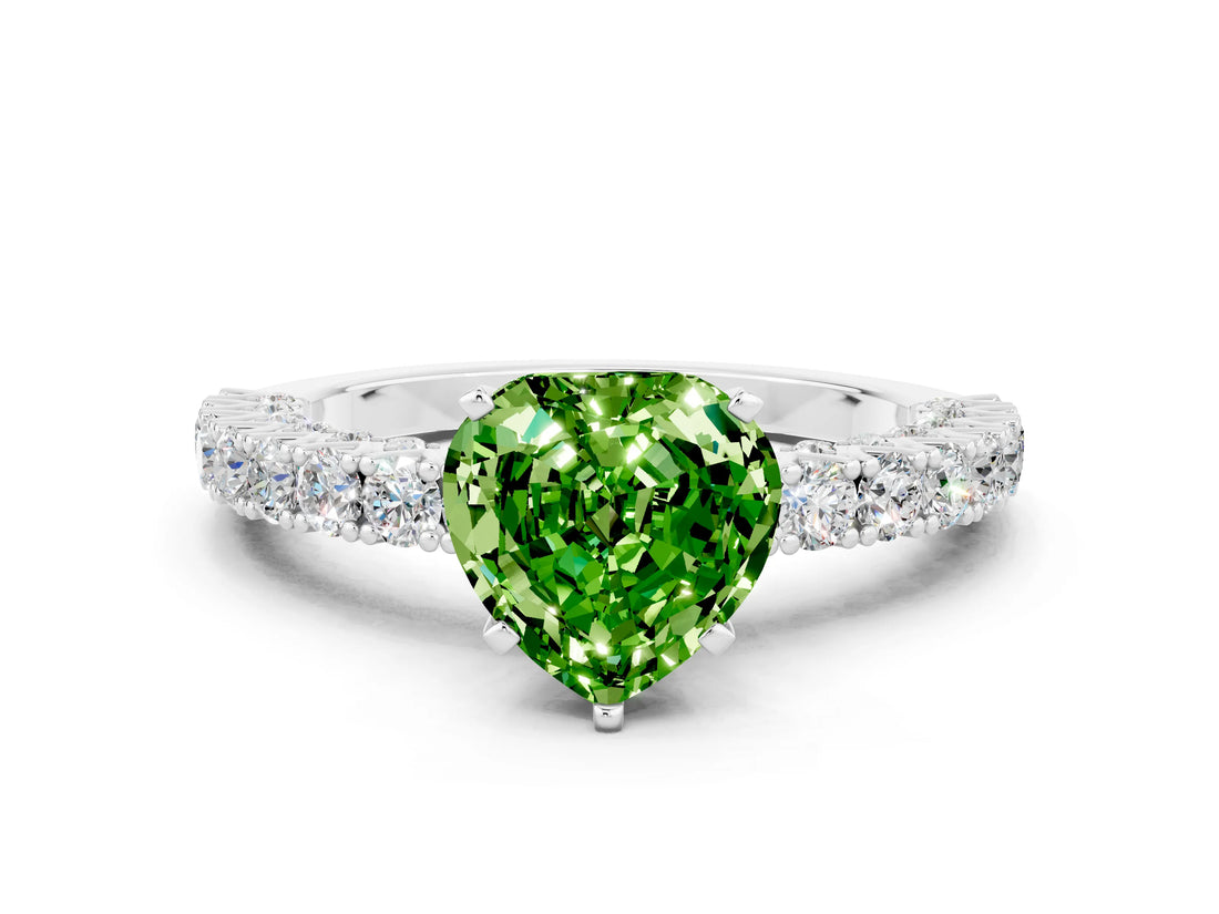 White gold Heart Cut Diamond Pavé Band Solitaire Ring with Prong Setting