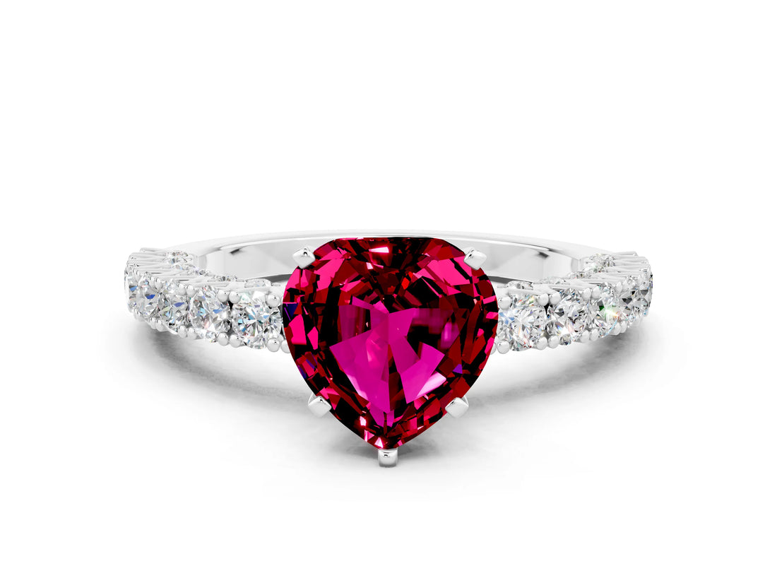 White gold Heart Cut Diamond Pavé Band Solitaire Ring with Prong Setting