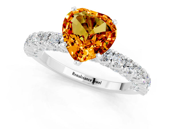 Platinum Heart Cut Diamond Pavé Band Solitaire Ring with Prong Setting