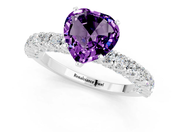 Silver Heart Cut Amethyst Solitaire Ring with Round Accent Pavé Band and Prong Setting