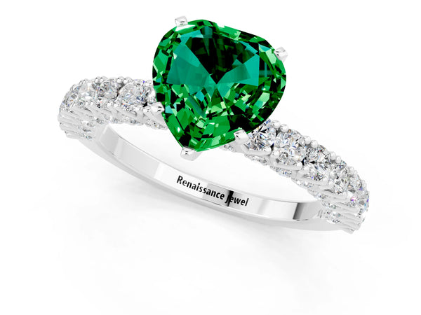 White gold Heart Cut Diamond Pavé Band Solitaire Ring with Prong Setting