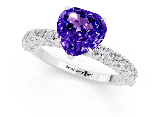 Platinum Heart Cut Diamond Pavé Band Solitaire Ring with Prong Setting