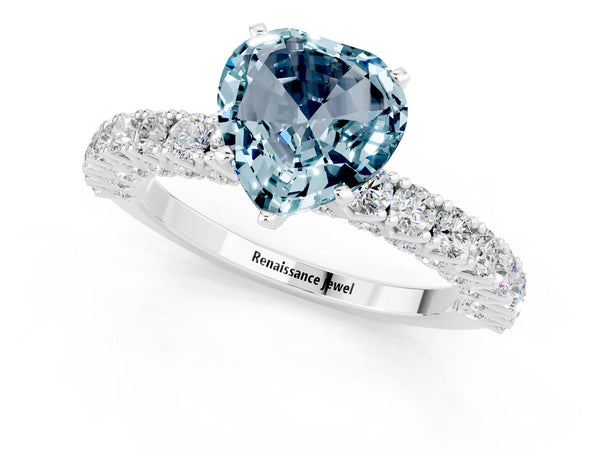 Platinum Heart Cut Diamond Pavé Band Solitaire Ring with Prong Setting