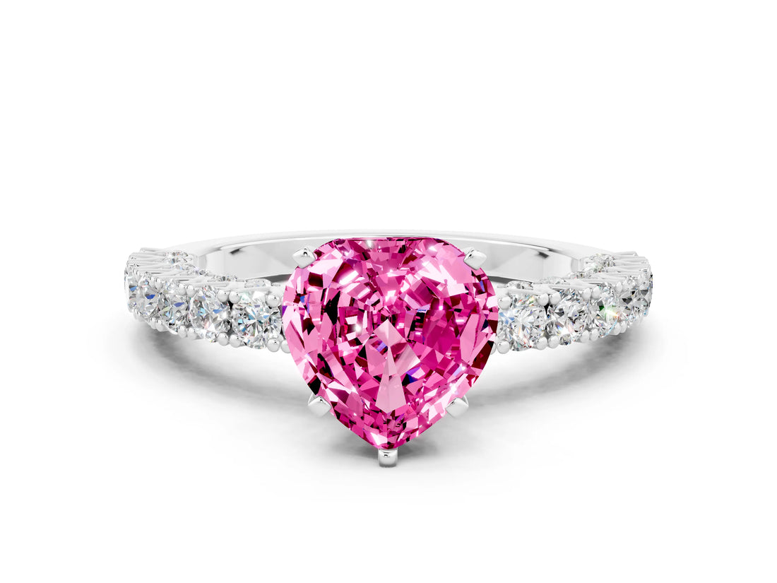 White gold Heart Cut Diamond Pavé Band Solitaire Ring with Prong Setting