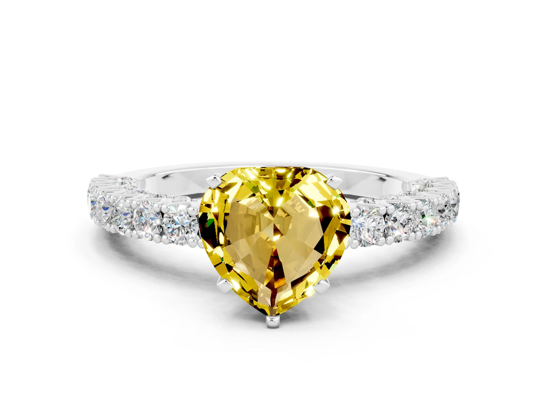 White gold Heart Cut Diamond Pavé Band Solitaire Ring with Prong Setting