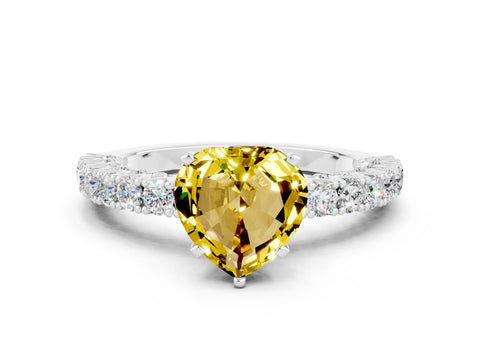 White gold Heart Cut Diamond Pavé Band Solitaire Ring with Prong Setting