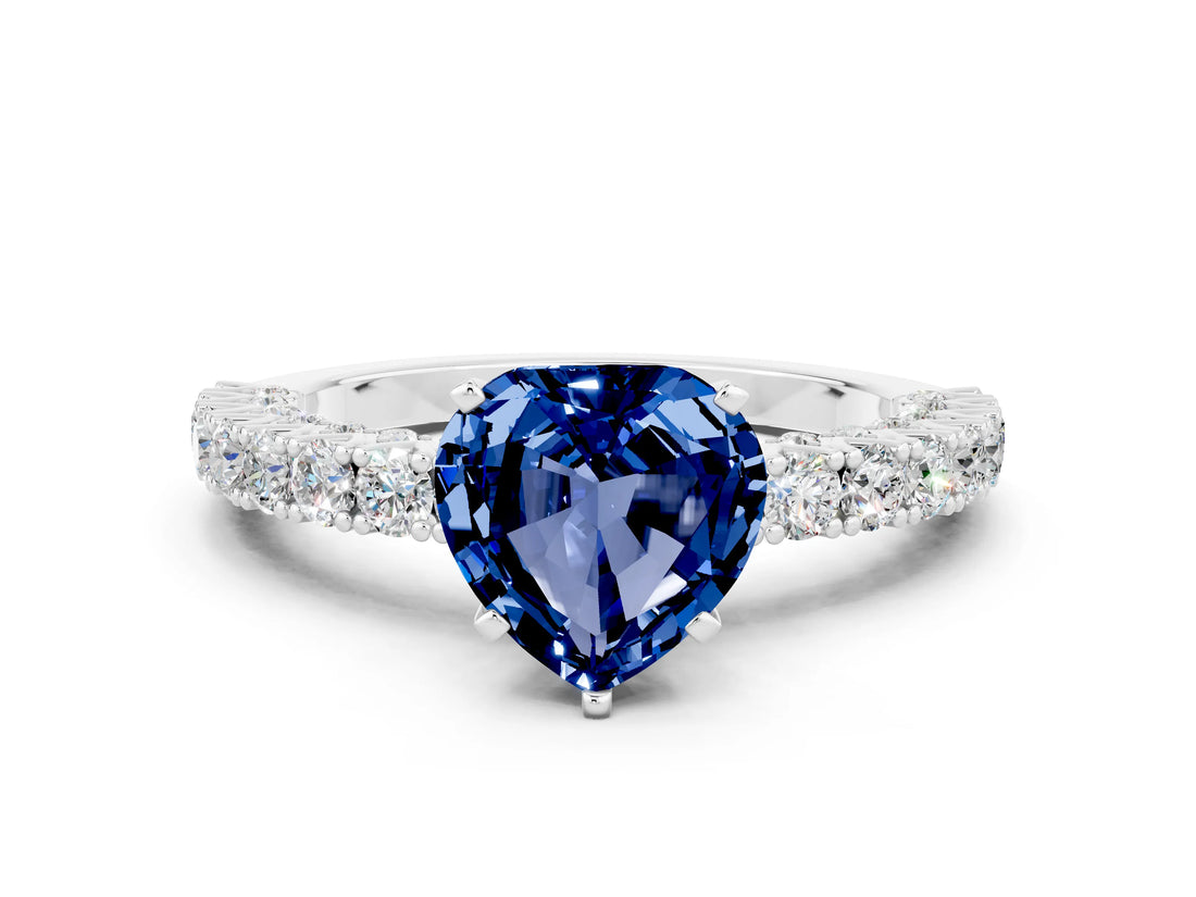 White gold Heart Cut Diamond Pavé Band Solitaire Ring with Prong Setting