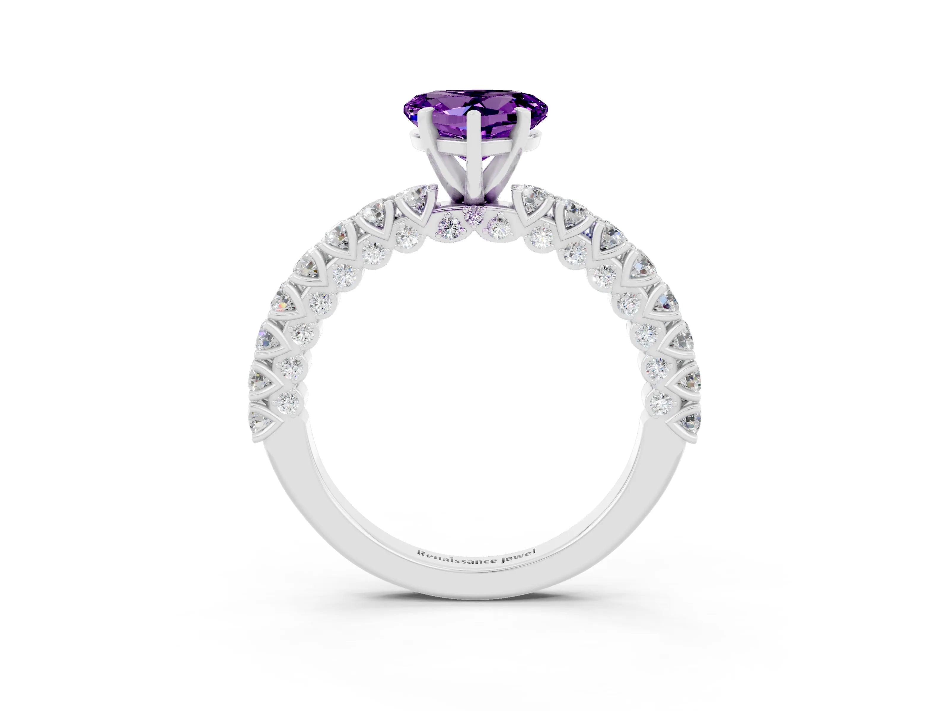 White gold Heart Cut Diamond Pavé Band Solitaire Ring with Prong Setting_3