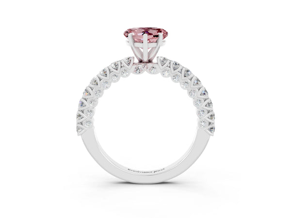 White gold Heart Cut Diamond Pavé Band Solitaire Ring with Prong Setting
