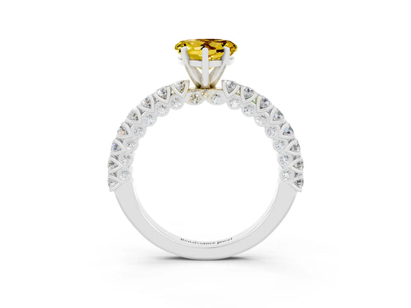 Silver Heart Cut Diamond Pavé Band Solitaire Ring with Prong Setting