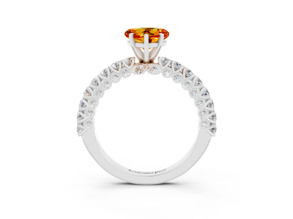 Platinum Heart Cut Diamond Pavé Band Solitaire Ring with Prong Setting