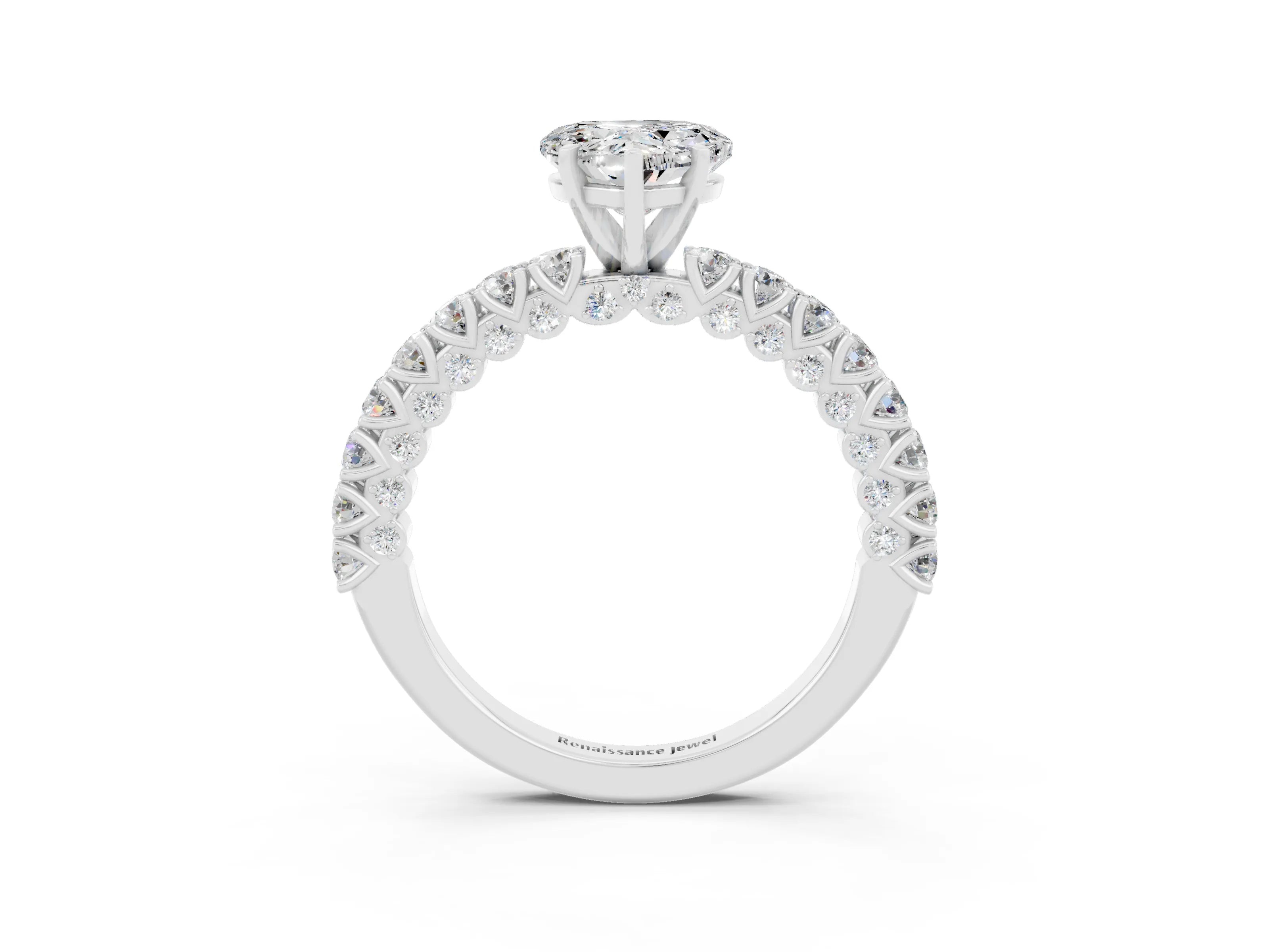 White gold Heart Cut Diamond Pavé Band Solitaire Ring with Prong Setting_3