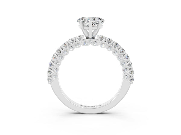 Silver Heart Cut Diamond Pavé Band Solitaire Ring with Prong Setting