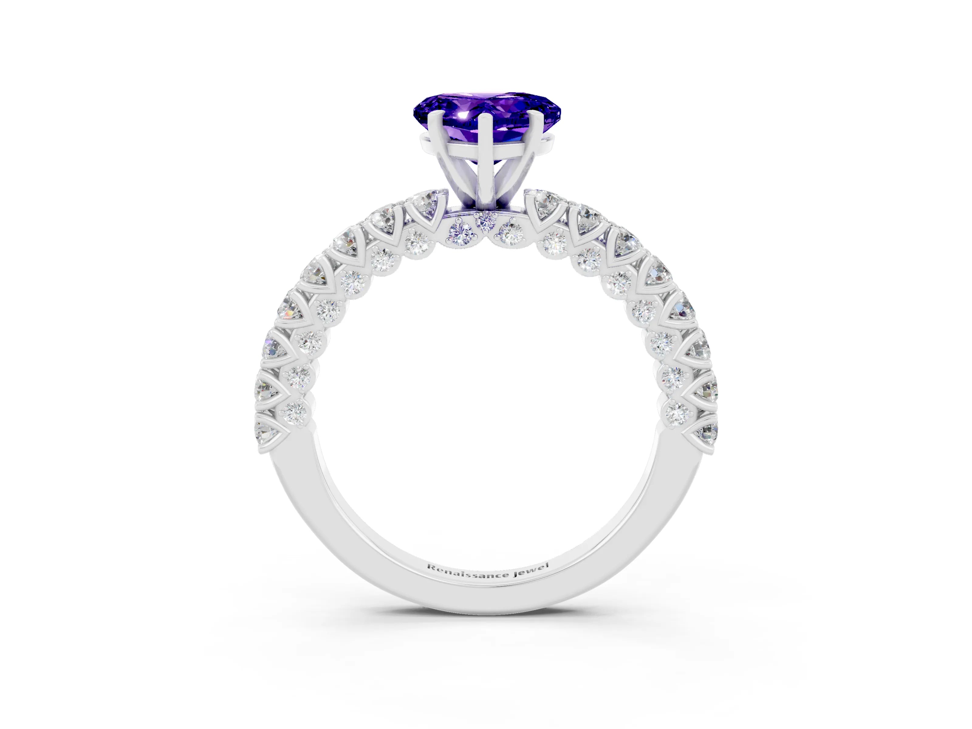 White gold Heart Cut Diamond Pavé Band Solitaire Ring with Prong Setting_3