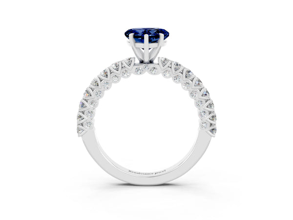 Silver Heart Cut Diamond Pavé Band Solitaire Ring with Prong Setting