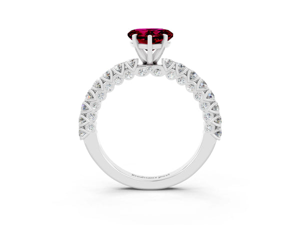 Platinum Heart Cut Diamond Pavé Band Solitaire Ring with Prong Setting