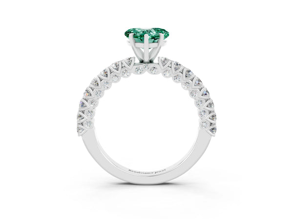 Silver Heart Cut Diamond Pavé Band Solitaire Ring with Prong Setting