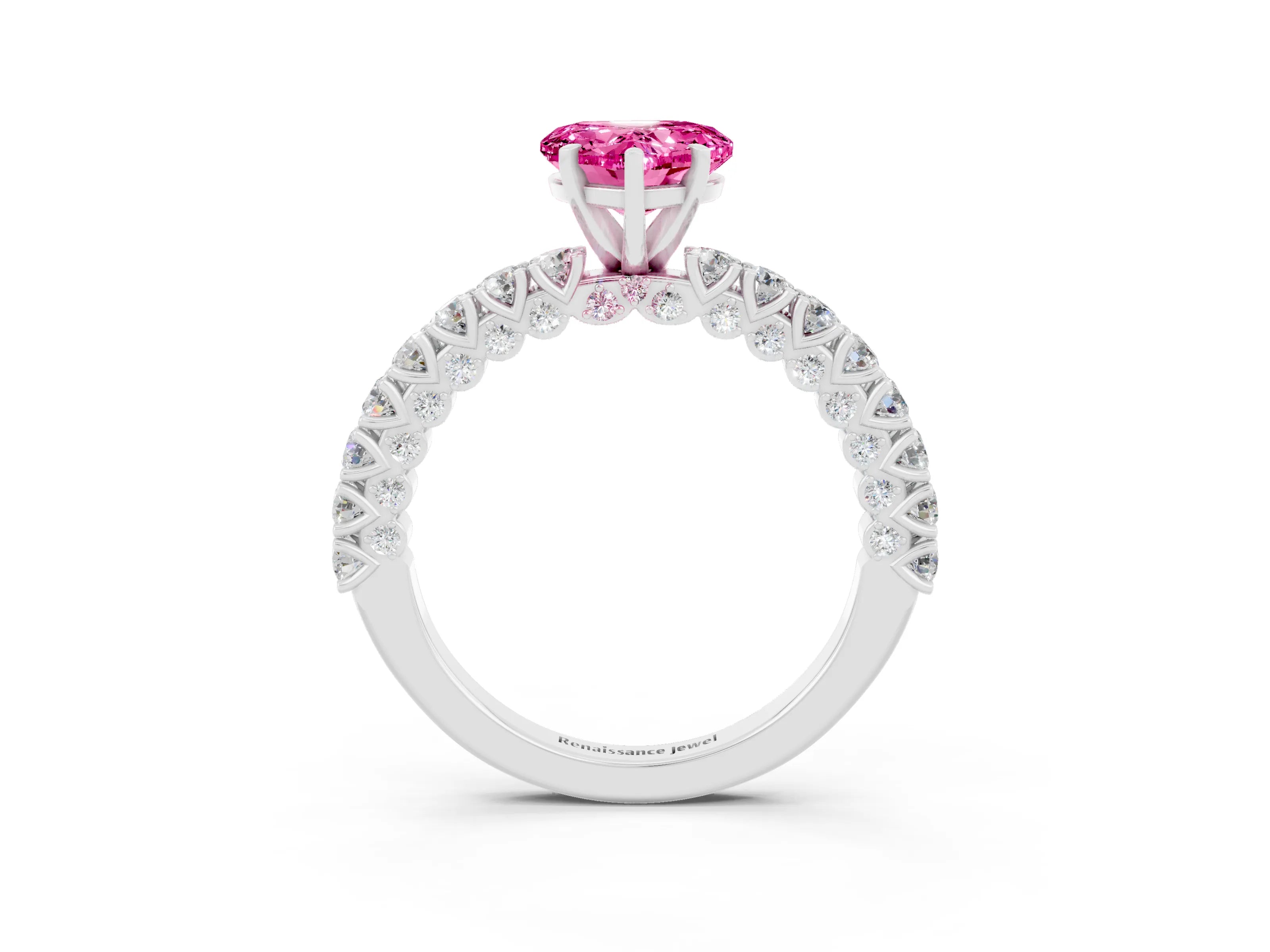 White gold Heart Cut Diamond Pavé Band Solitaire Ring with Prong Setting_3