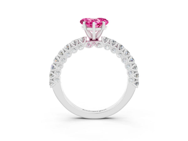 Platinum Heart Cut Diamond Pavé Band Solitaire Ring with Prong Setting