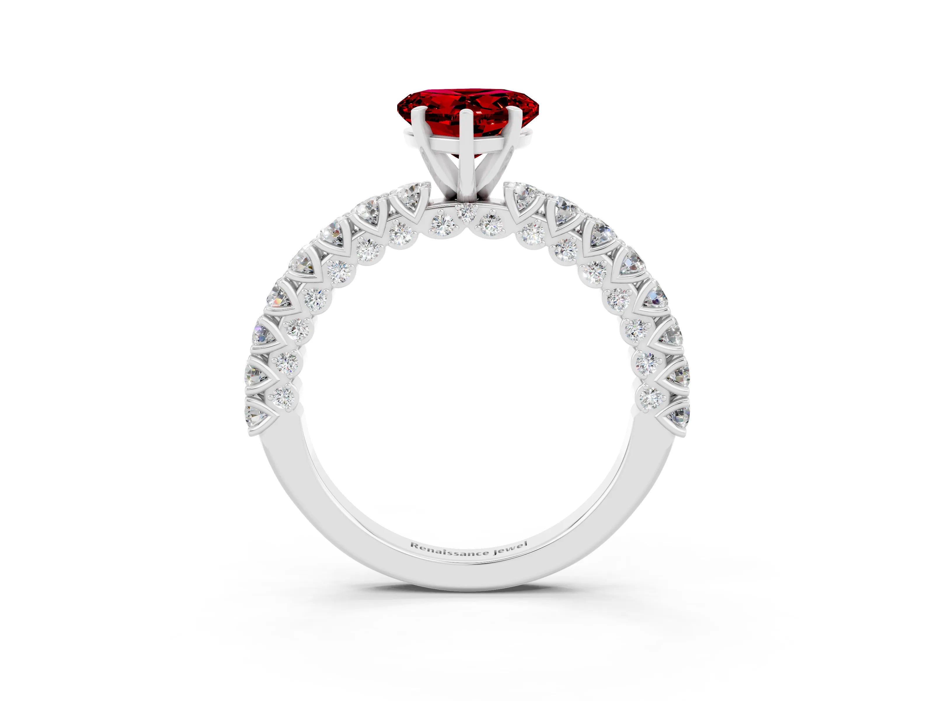 White gold Heart Cut Diamond Pavé Band Solitaire Ring with Prong Setting_3