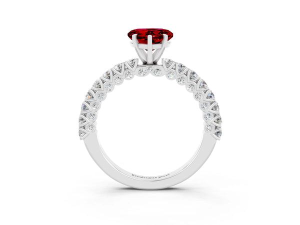 Silver Heart Cut Diamond Pavé Band Solitaire Ring with Prong Setting