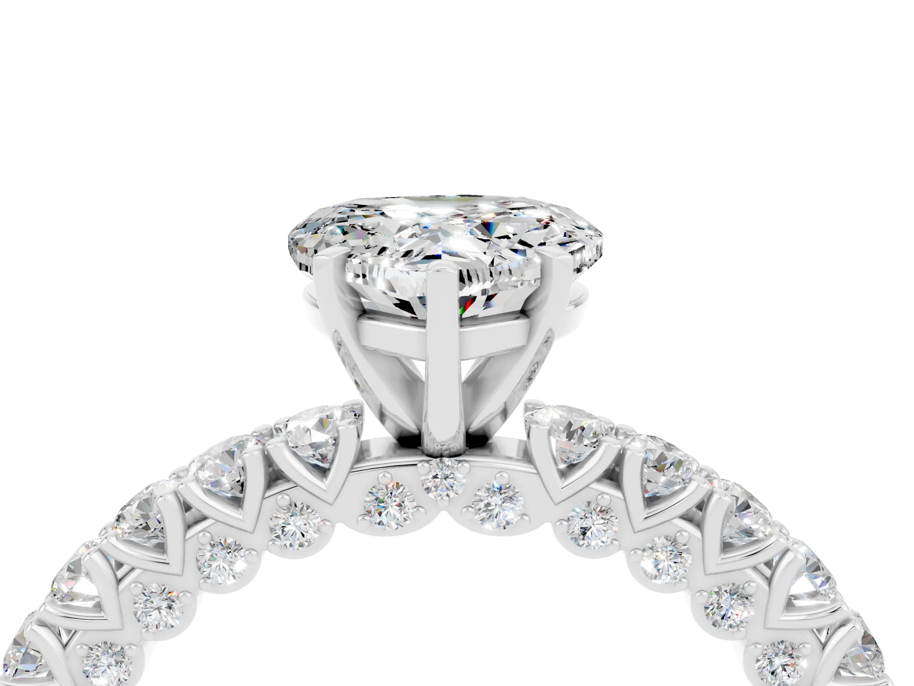 White gold Heart Cut Diamond Pavé Band Solitaire Ring with Prong Setting_4
