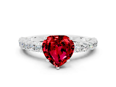 White gold Heart Cut Diamond Pavé Band Solitaire Ring with Prong Setting