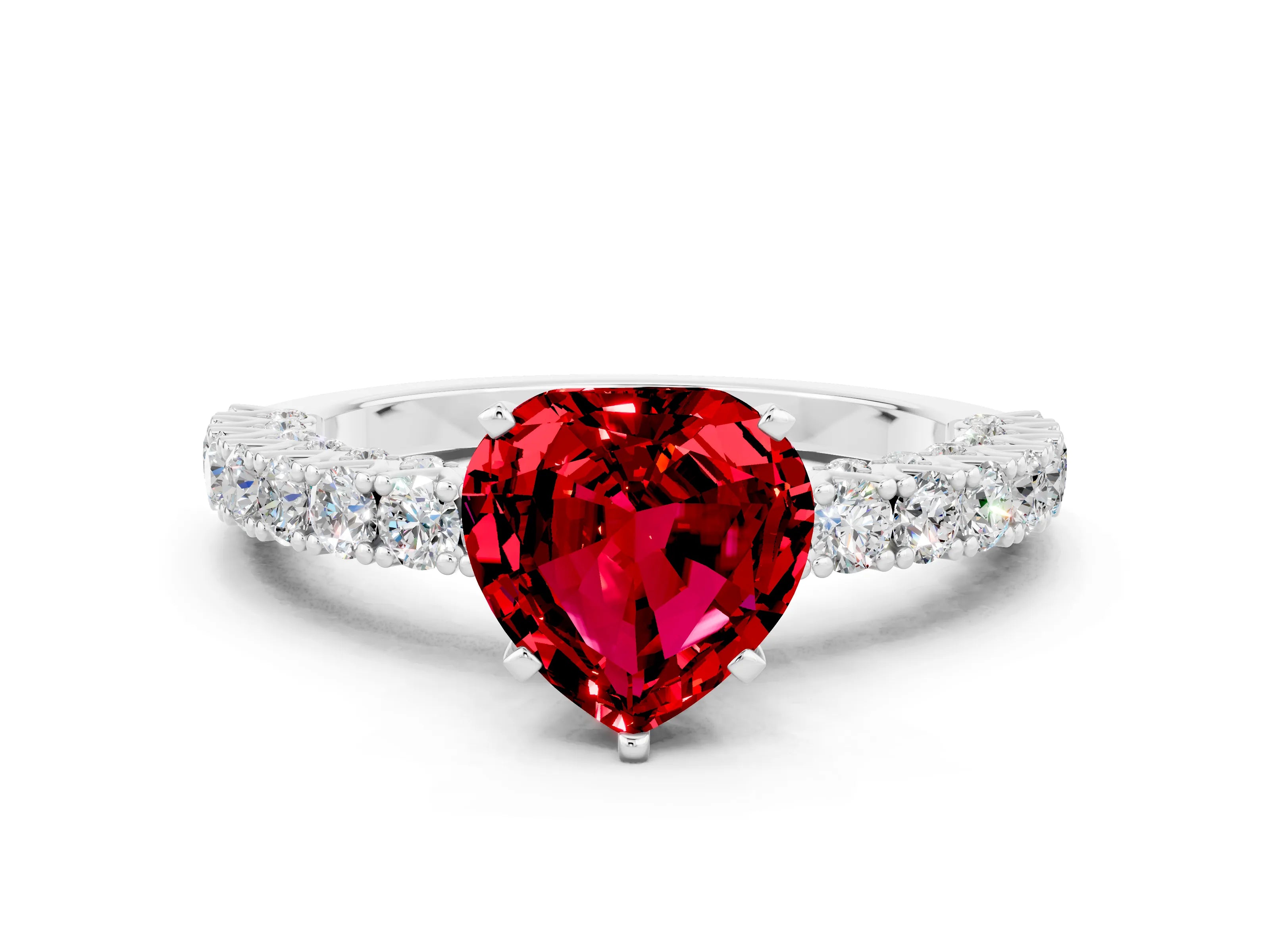 White gold Heart Cut Diamond Pavé Band Solitaire Ring with Prong Setting