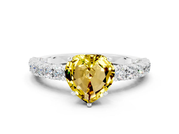 Platinum Heart Cut Diamond Pavé Band Solitaire Ring with Prong Setting
