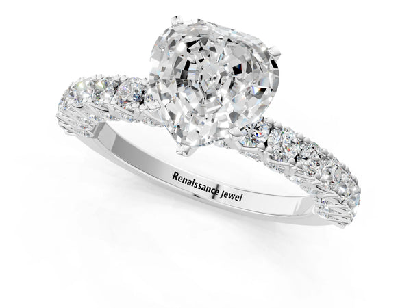 Platinum Heart-Shaped Solitaire Engagement Ring Setting with Two-Row Round Accent Band