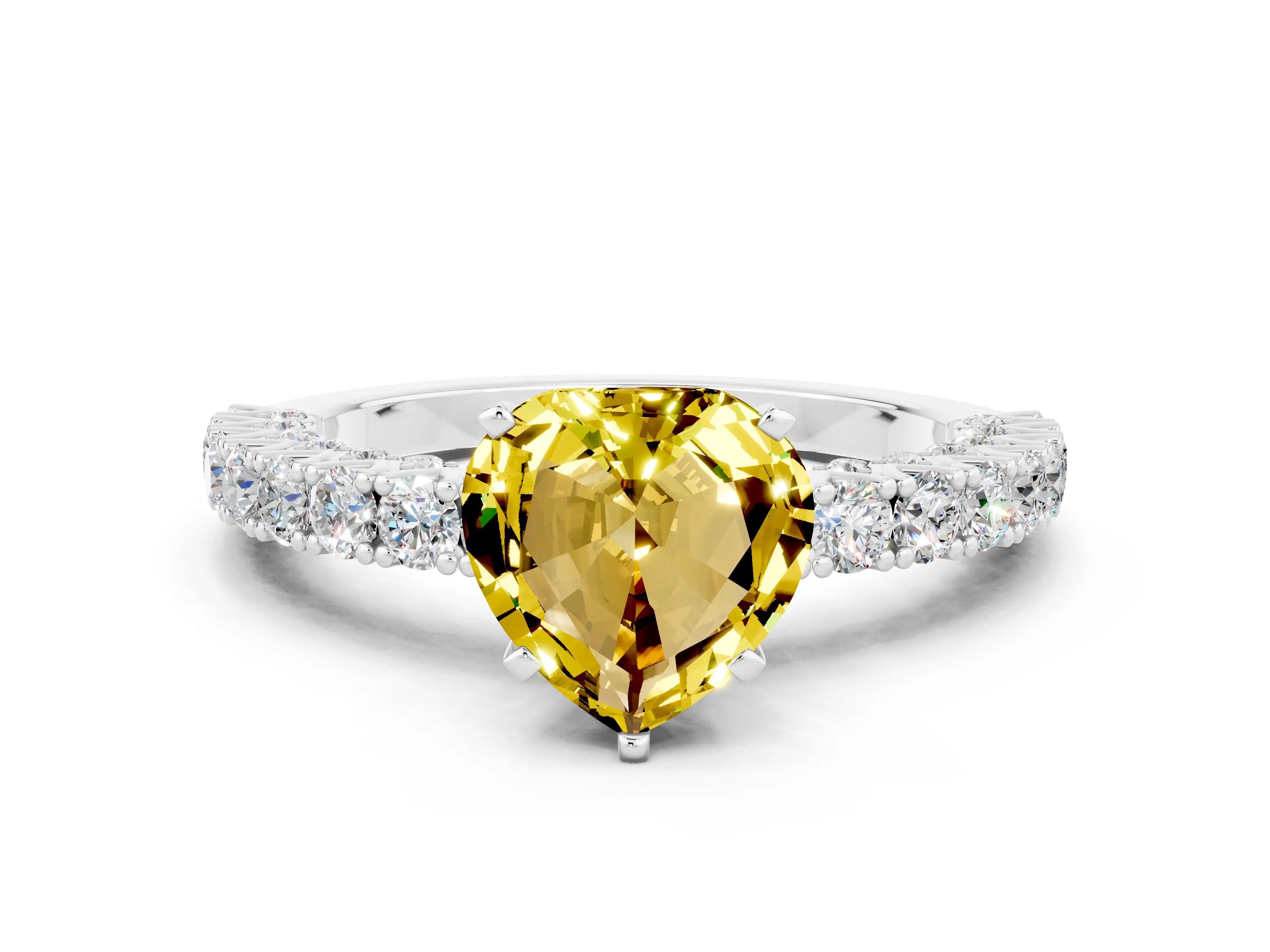 White gold Heart Cut Diamond Pavé Band Solitaire Ring with Prong Setting