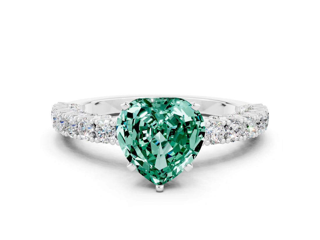 White gold Heart Cut Diamond Pavé Band Solitaire Ring with Prong Setting