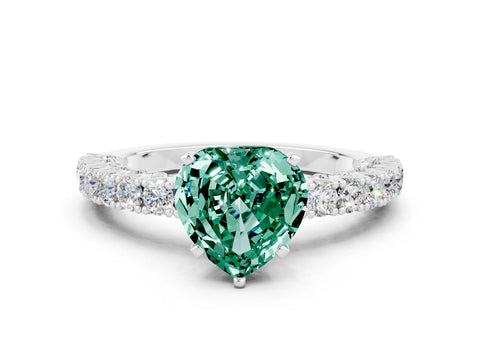 White gold Heart Cut Diamond Pavé Band Solitaire Ring with Prong Setting