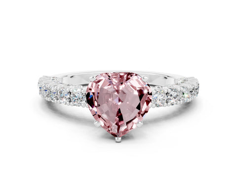 White gold Heart Cut Diamond Pavé Band Solitaire Ring with Prong Setting