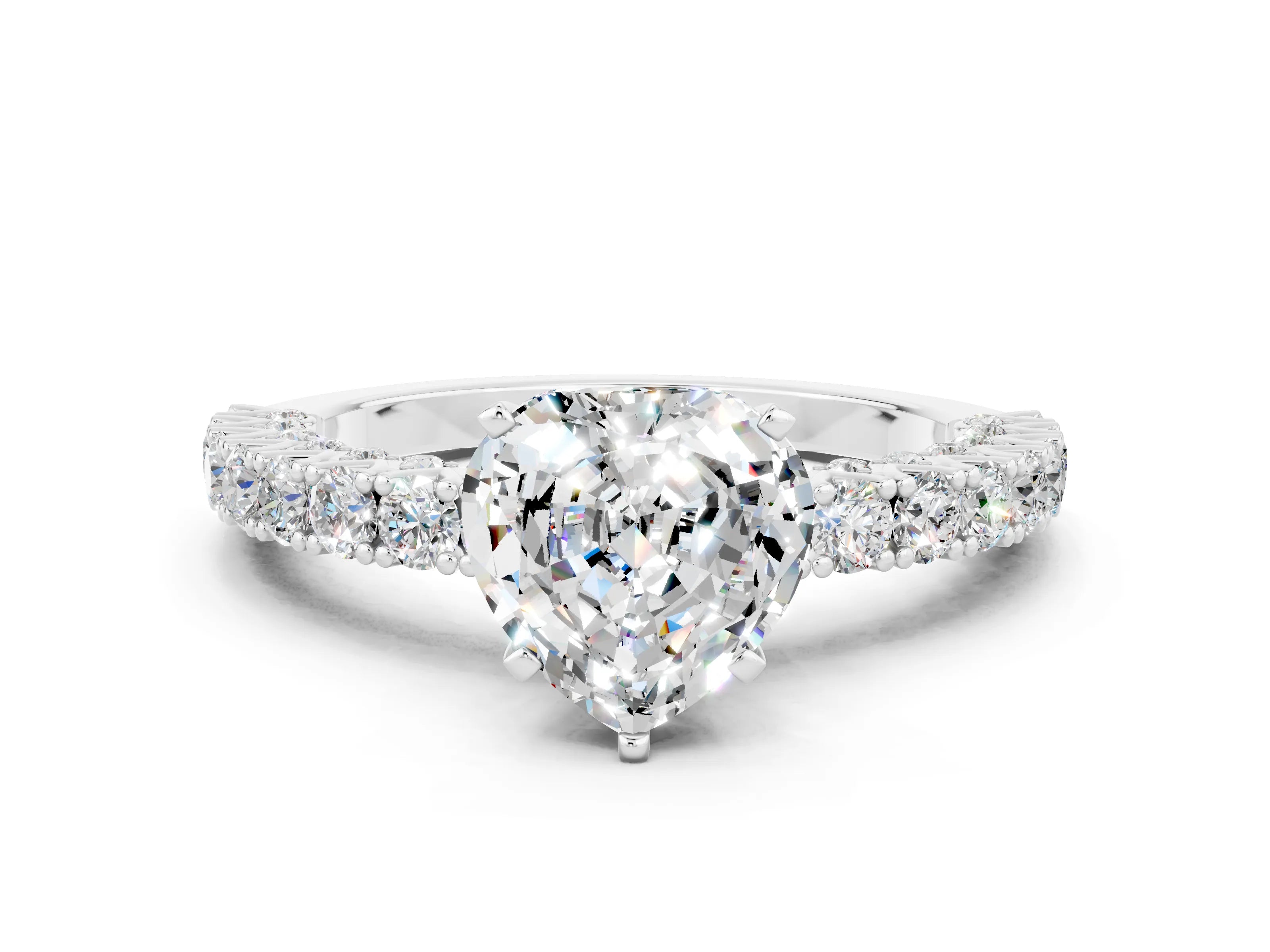 White gold Heart Cut Diamond Pavé Band Solitaire Ring with Prong Setting