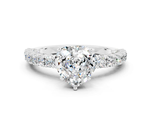 Silver Heart Cut Diamond Pavé Band Solitaire Ring with Prong Setting