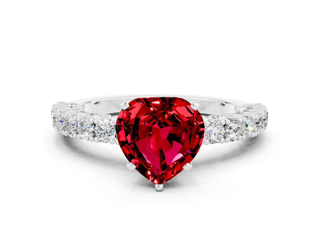 White gold Heart Cut Diamond Pavé Band Solitaire Ring with Prong Setting