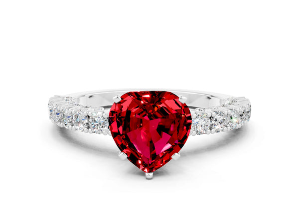 Platinum Heart Cut Diamond Pavé Band Solitaire Ring with Prong Setting