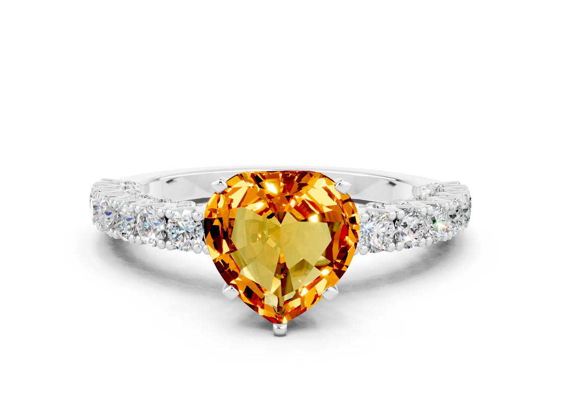 White gold Heart Cut Diamond Pavé Band Solitaire Ring with Prong Setting