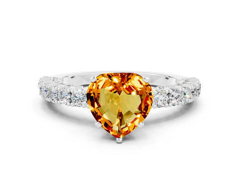 White gold Heart Cut Diamond Pavé Band Solitaire Ring with Prong Setting