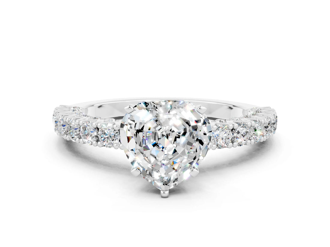 White gold Heart Cut Diamond Pavé Band Solitaire Ring with Prong Setting