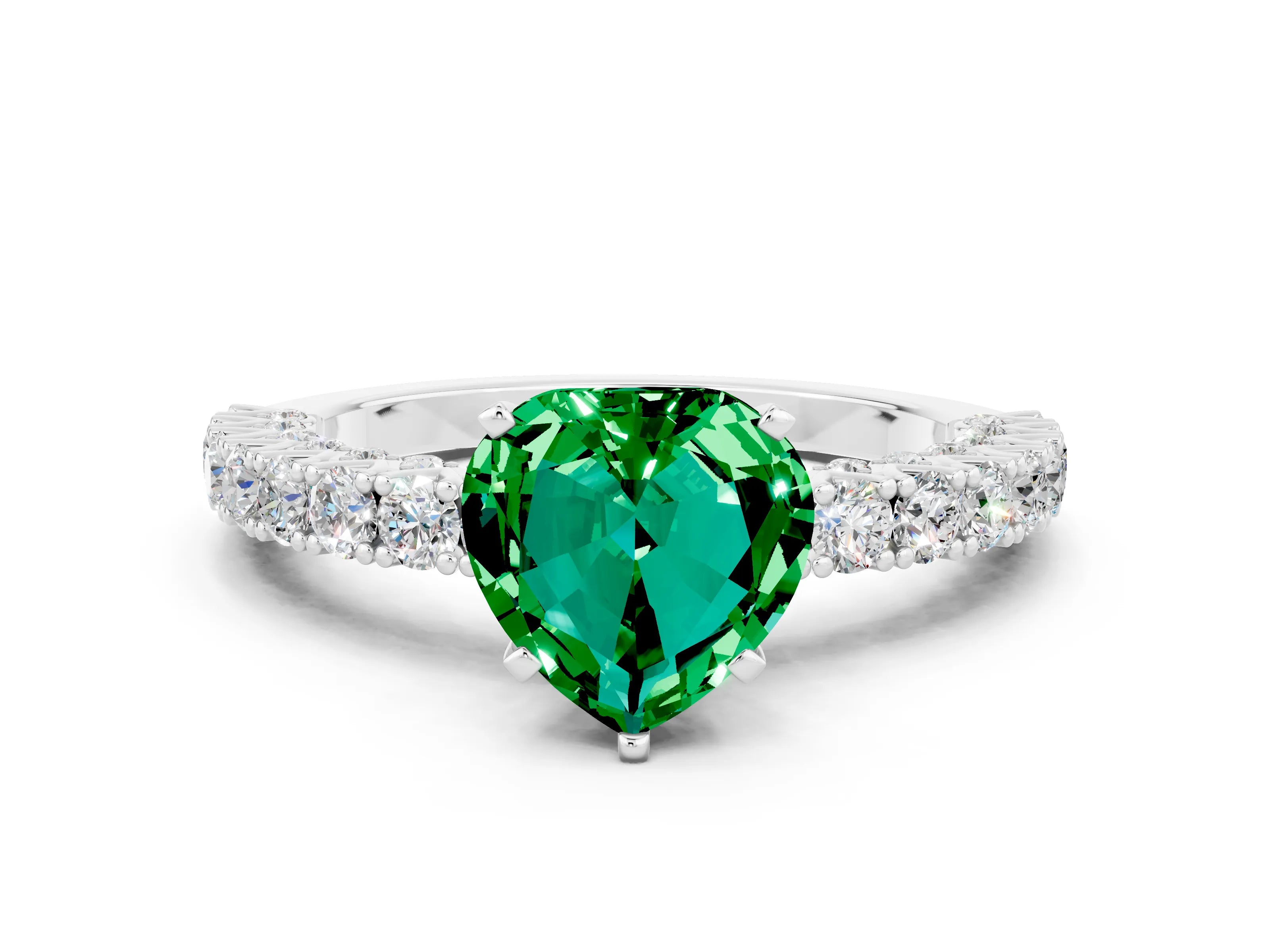 White gold Heart Cut Diamond Pavé Band Solitaire Ring with Prong Setting