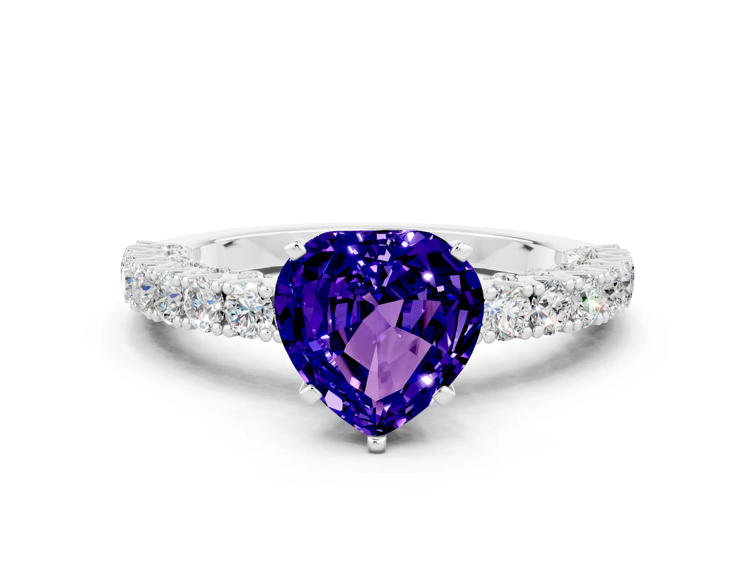 White gold Heart Cut Diamond Pavé Band Solitaire Ring with Prong Setting