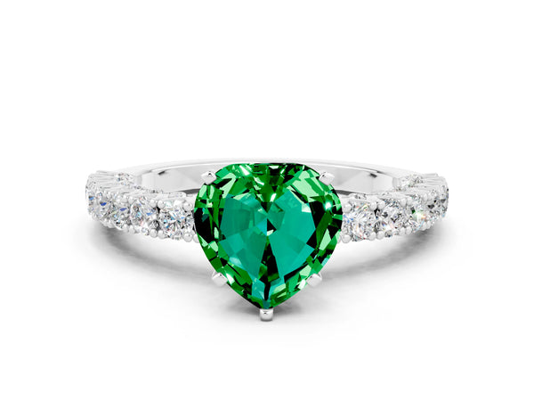 White gold Heart Cut Diamond Pavé Band Solitaire Ring with Prong Setting