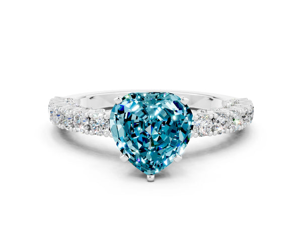 Silver Heart Cut Diamond Pavé Band Solitaire Ring with Prong Setting