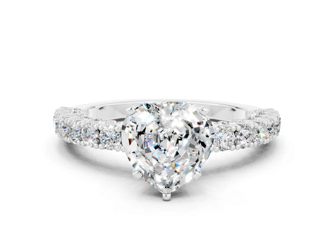 White gold Heart Cut Diamond Pavé Band Solitaire Ring with Prong Setting