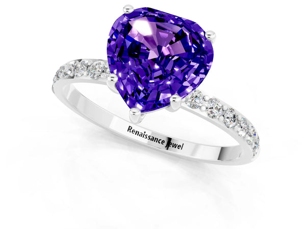 Platinum Heart Cut Tanzanite Solitaire Ring with Round Pavé Shoulders and Prong Setting