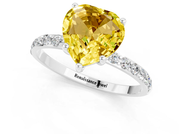 Silver Heart Cut Yellow Sapphire Solitaire Ring with Round Pavé Shoulders and Prong Setting