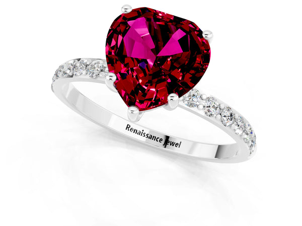 White gold Heart Cut Garnet Solitaire Ring with Round Pavé Shoulders and Prong Setting