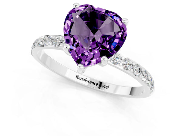 Platinum Heart Cut Amethyst Solitaire Ring with Round Pavé Shoulders and Prong Setting